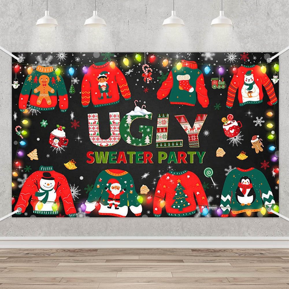 MEHOFOND Ugly Sweater Party Banner, Ugly Christmas Sweater Party Decorations, Winter Sweater Christmas Elfed UP Party Decorations, Xmas Family Holiday Photo Props Party Supplies, 70.8x43.3 Inch