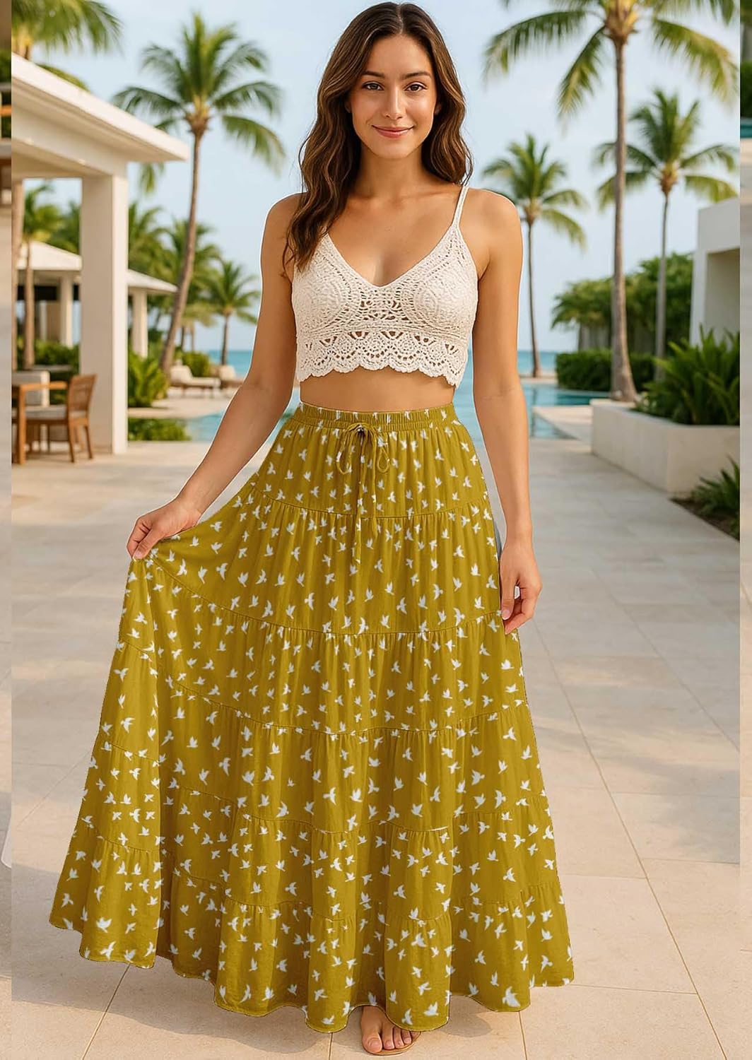 Women’s Cotton Resort Skirt with Pockets | Tiered Maxi Summer Skirt | 40-Inch Vacation Wear | Flowy Vacation Outfit