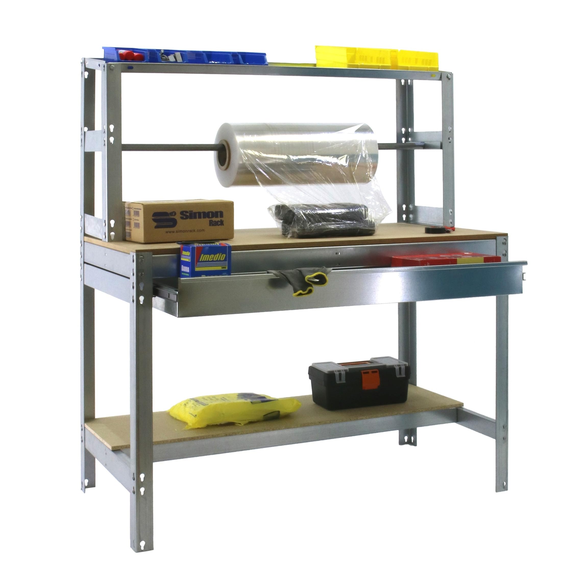 Simon Rack Banco de Trabajo con Porta Rollo y cajón 910x760 mm - BT4 | Tablero madera 16 mm, Capacidad Carga 400 kg, Galva , Pintura anticorrosión, Montaje sistema clic