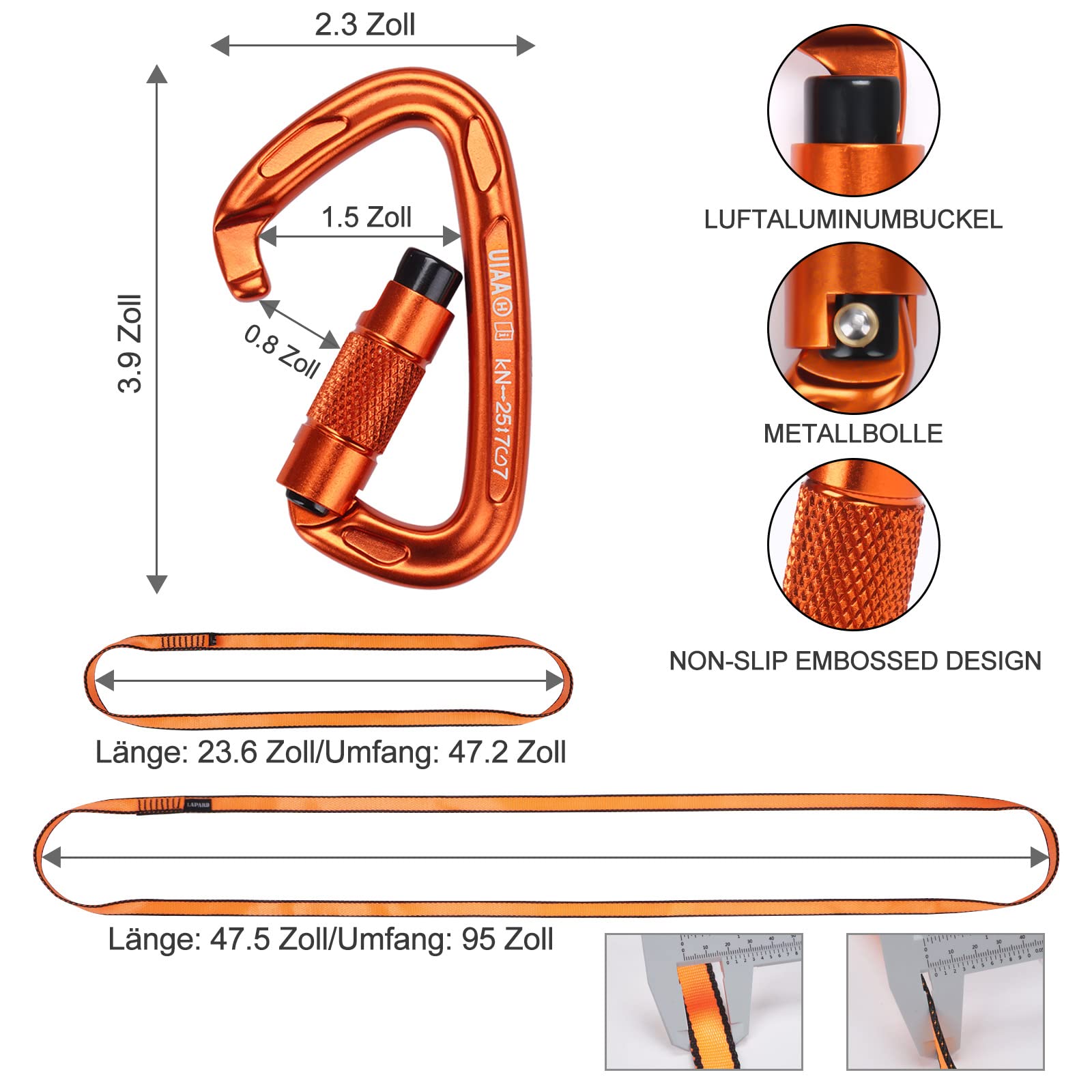 Karabiner Klettern Kletterausrüstung, 2 Stück UIAA-Zertifiziert 25KN Auto Locking Kletterkarabiner Clips +2 Stück 22KN Nylon Seil，zum Klettern, Bergsteigen, Wandern