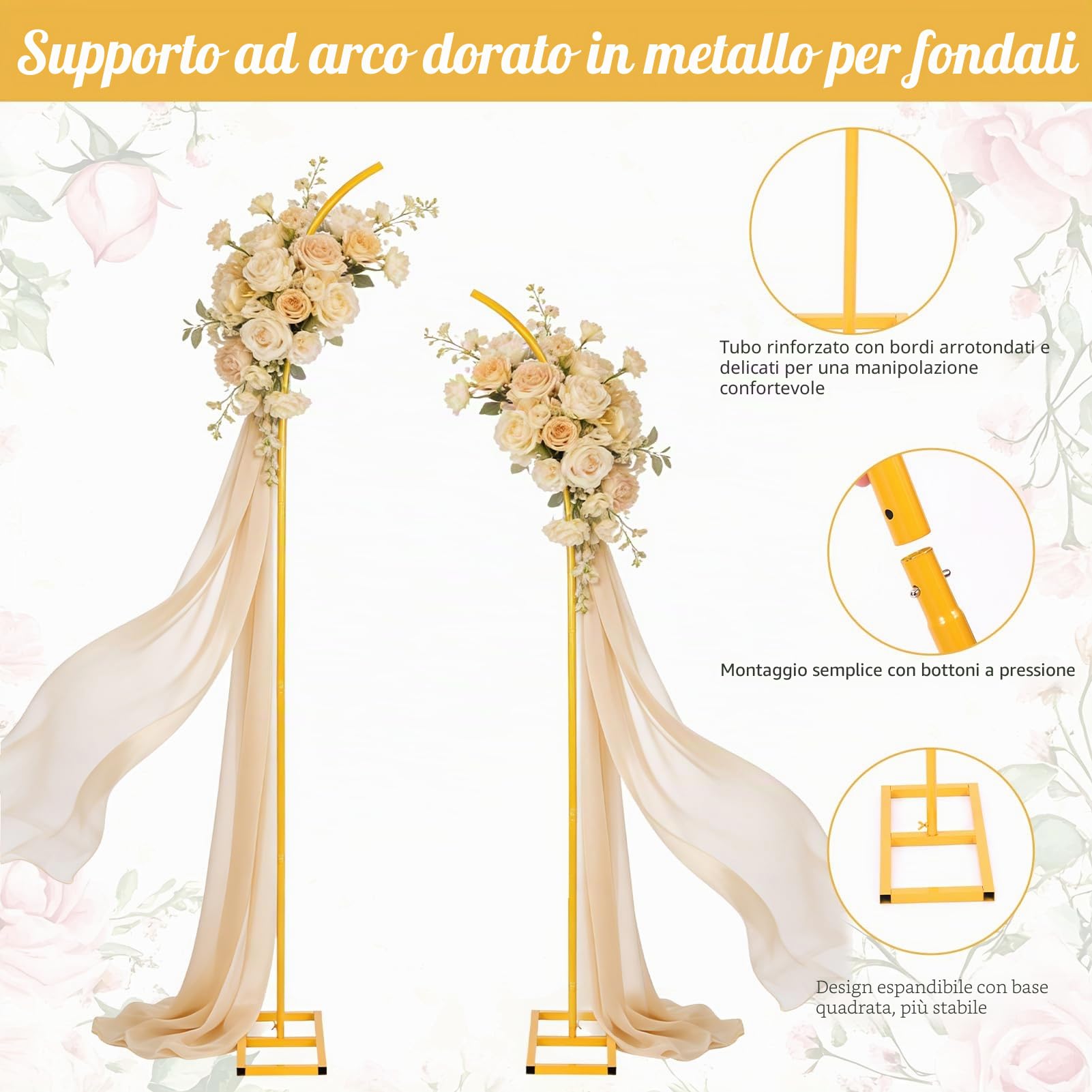 Supporto per arco di palloncini in metallo, set di supporto per sfondo per matrimonio, semicircolare dorato, adatto per compleanni, matrimoni, battesimi e tutti i tipi di celebrazioni (190 cm e 230 cm