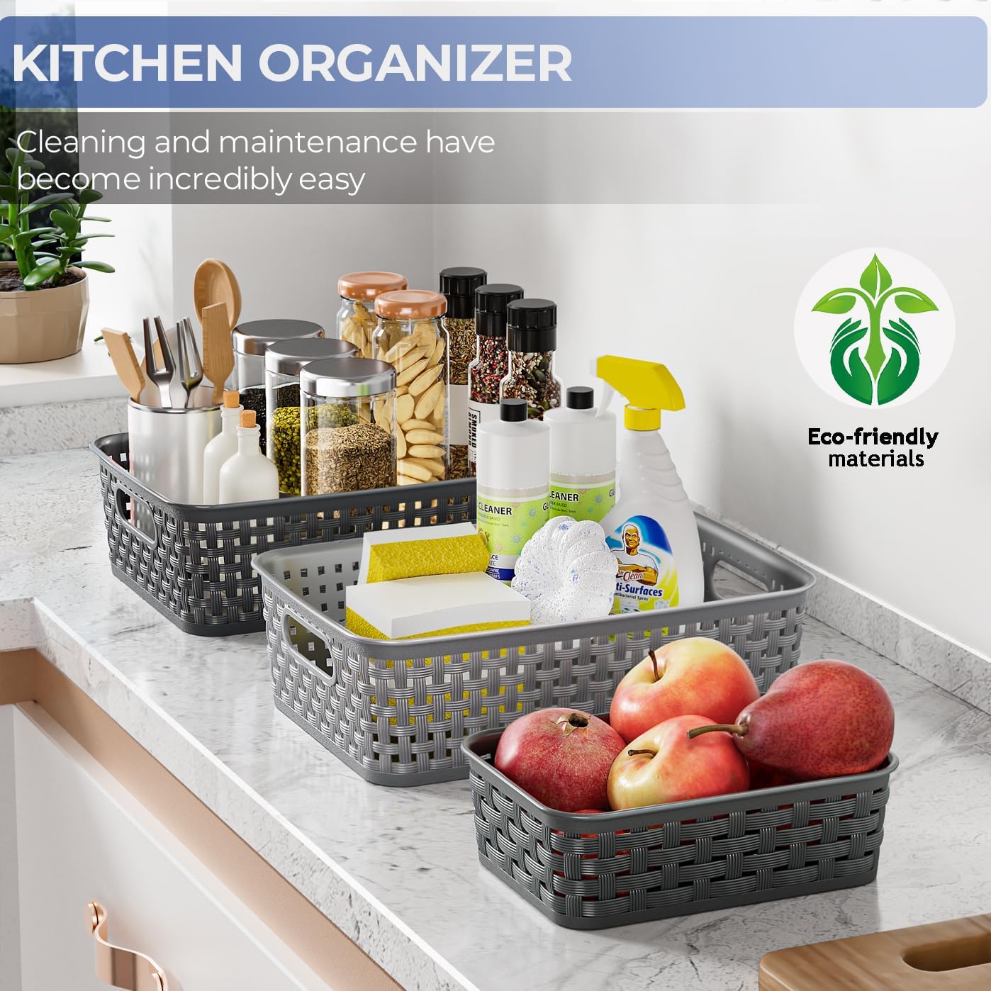 Lot de 3 petits paniers de rangement en plastique pour organisation, garde-manger, buanderie, chambre, cuisine, armoires, comptoirs, gris foncé