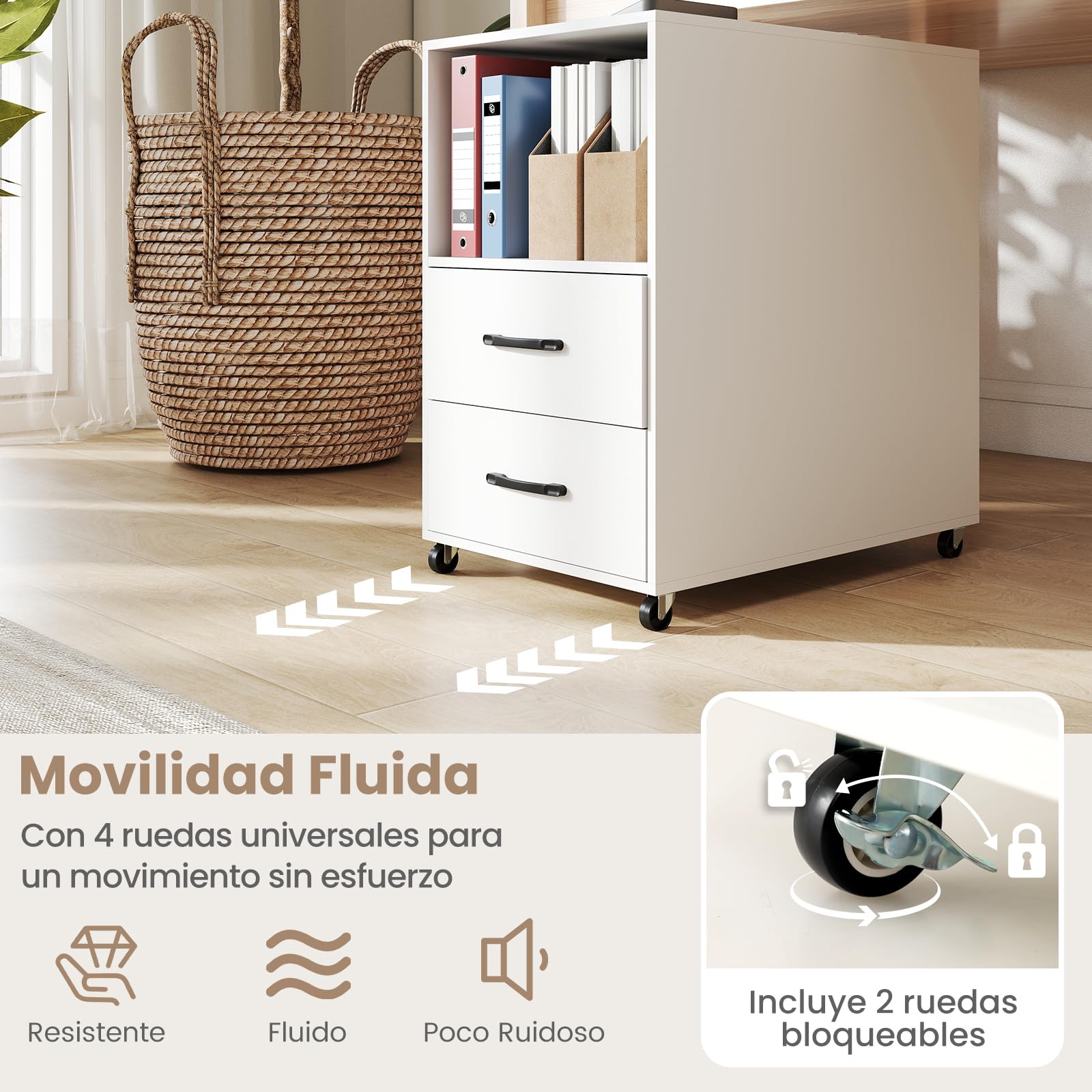 COSTWAY Mesa Auxiliar Estrecha con Ruedas, Mesa Lateral con Estación de Carga, 2 Cajones y Estantes Abiertos, Mesita de Noche de Madera Salon Sofa Dormitorio, 60 x 40 x 65,5 cm (Blanco)