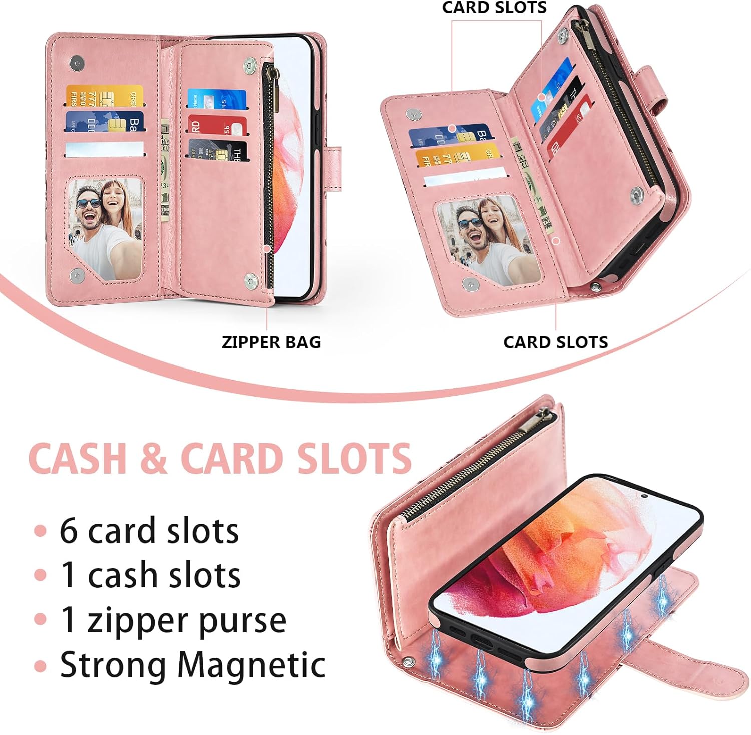 Asuwish Phone Case for Samsung Galaxy S21 5G 6.2 inch Zipper Wallet Detachable Cell Cover with Tempered Glass Screen Protector Crossbody Strap Flower Card Holder Slot S 21 21S G5 Women Girls Rose Gold