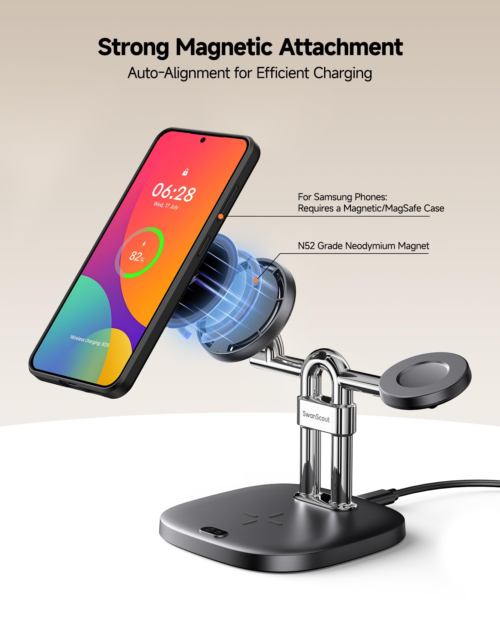 Caricabatterie wireless magnetico 3 in 1 per telefoni senza fili (necessita di una custodia magnetica), nessun adattatore