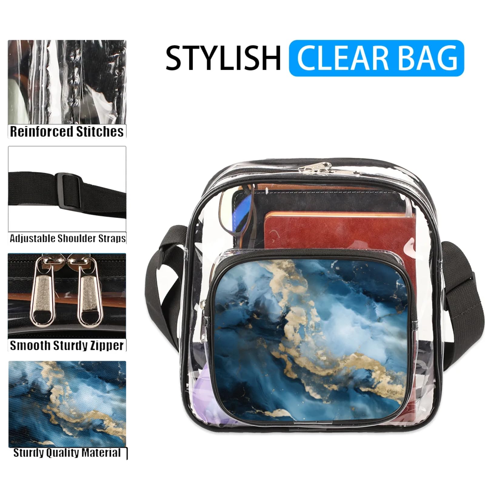 GzLeyigou Clear Crossbody Bag Stadium Approved Marbling Texture Design Transparent Bag for Festivals, Sports Events, Concerts,Beach Bag for Women Men Clear Purse with Front Pocket Messenger Bag