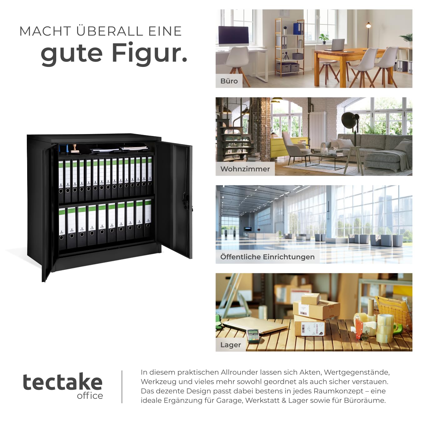 tectake® Aktenschrank abschließbar, Metallschrank mit Sicherheits-Zylinderschloss, Büroschrank abschließbar, Mehrzweckschrank aus Stahl, 3 höhenverstellbare Einlegeböden, 90 x 40 x 90 cm - schwarz