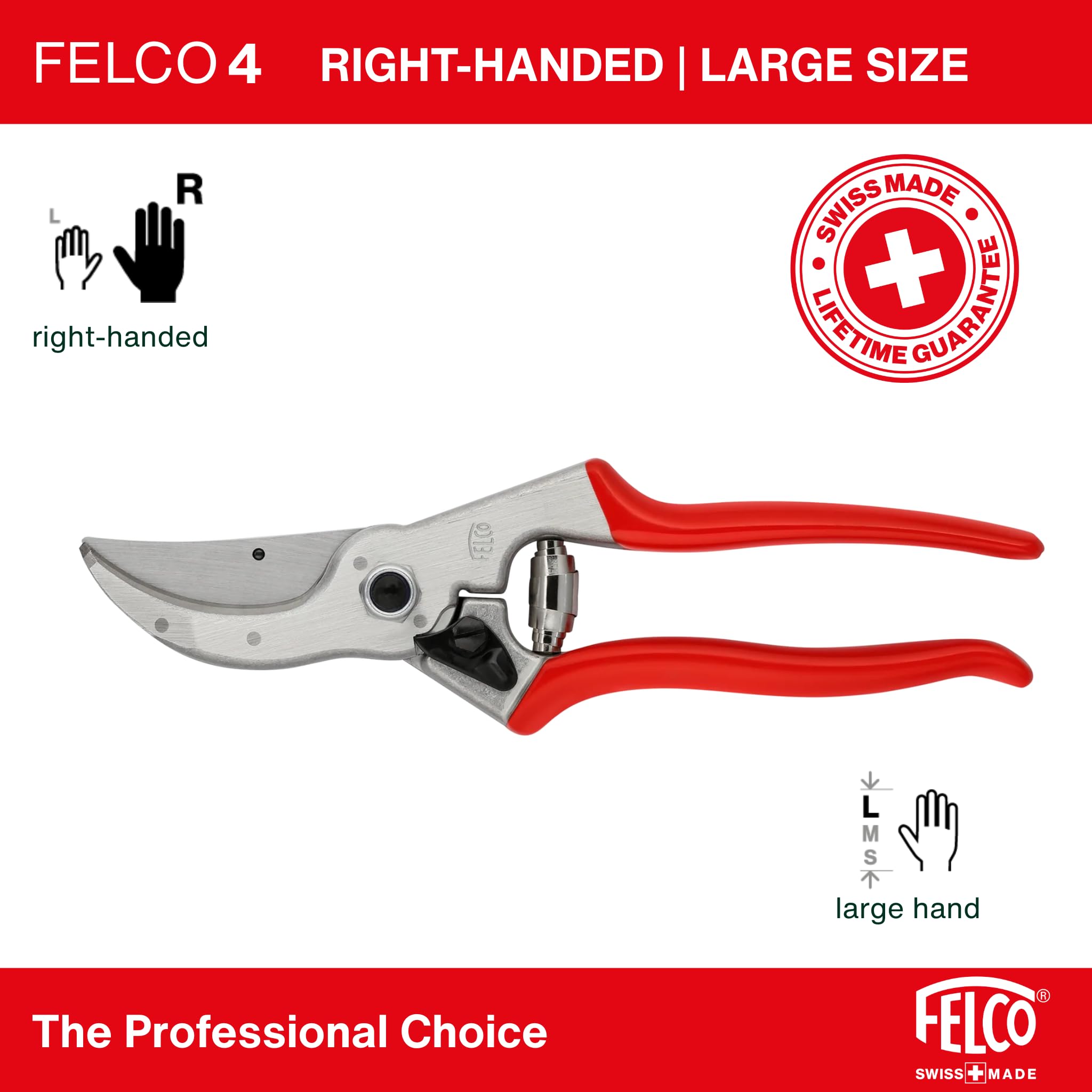 FELCO 4 sekator bypass solidny dla praworęcznych, ostrze ze stali hartowanej 45 mm, rękojeści z kutego aluminium, mocne cięcie do 25 mm, narzędzie szwajcarskie profesjonalne