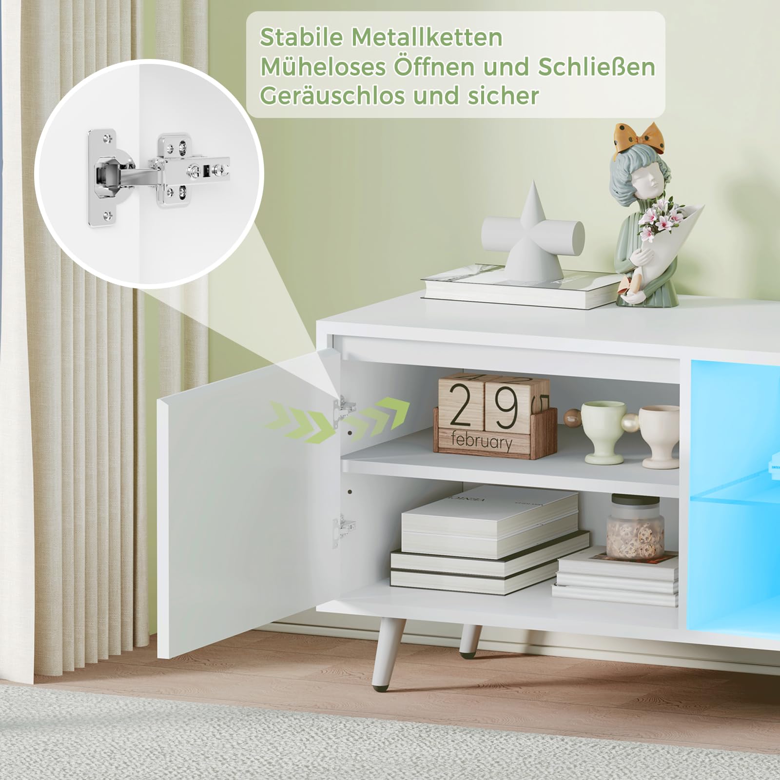 BEWISHOME Tv Schrank Mit Led Beleuchtung, Weißer Fernsehtisch Mit 2 Schranktüren, Höhenverstellbarer Glasablage, Tv Board Hochglanz Für Wohnzimmer, Schlafzimmer, Bürorau,148x40x49.5 cm EKDG04W