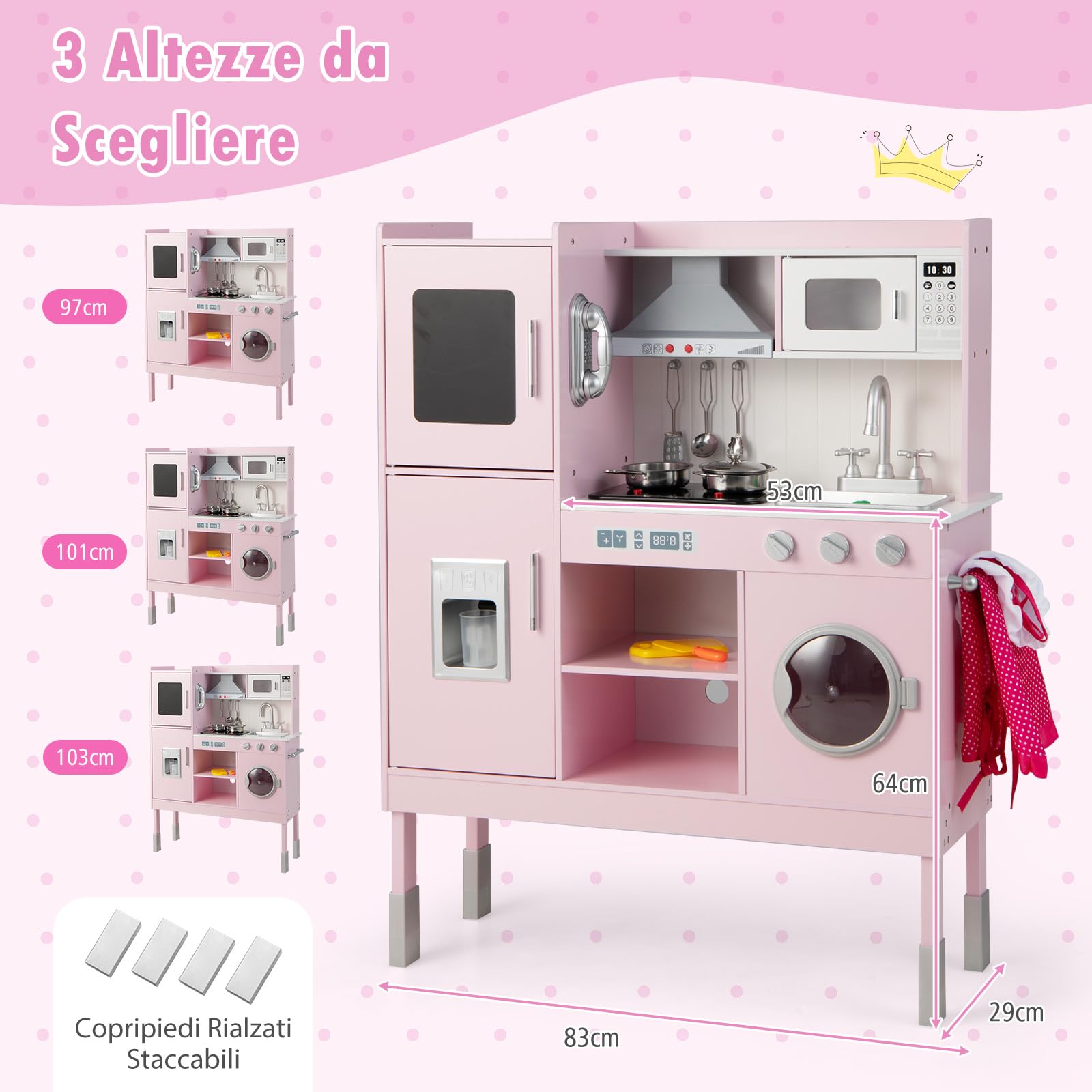 RELAX4LIFE Cucina Giocattolo in Legno per Bambini, Mini Cucina con Luci e Suoni Reali, Altezza Regolabile 97/101/103cm, Set di Cucina per Bambini 3-8 Anni (Lussuosa)