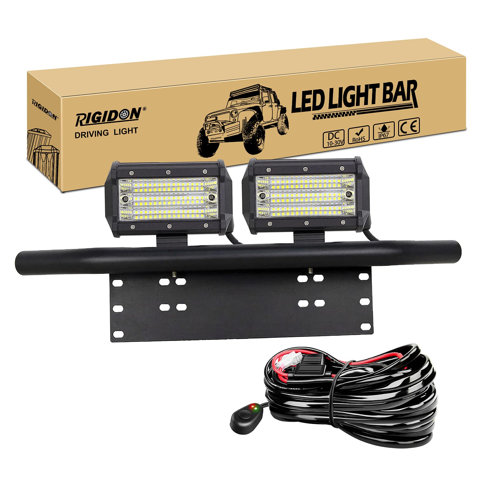 RIGIDON 2 szt. 12 cm 135 W reflektor roboczy LED bar z numerem rejestracyjnym wspornikiem montażowym tablicy rejestracyjnej i 12 V zestaw kabli wiązki okablowania, światła przeciwmgielne do samochodów terenowych ciężarówek SUV 4 x 4, 6000 K