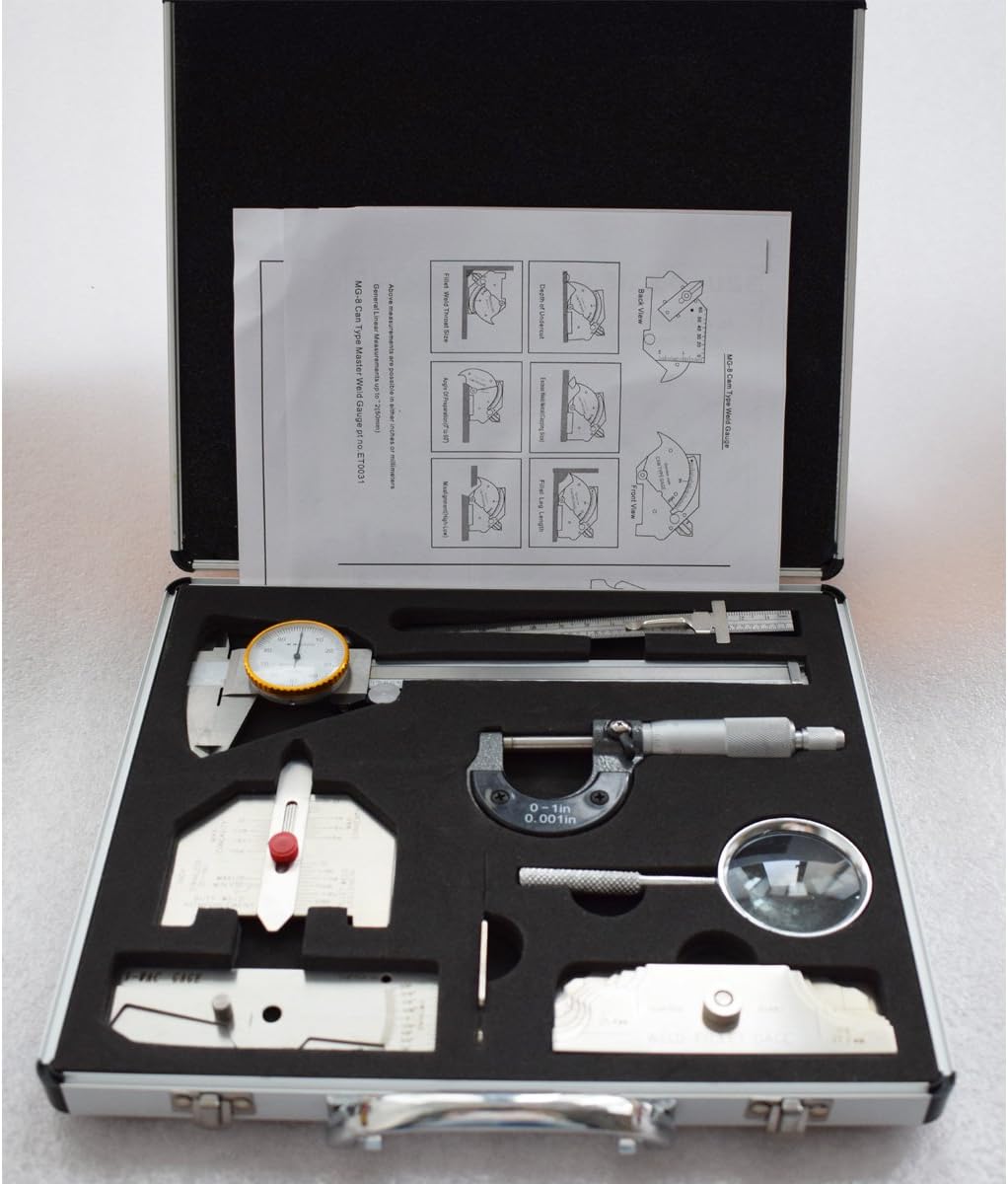7Pcs Welding Gauges Kit In Inch With Briefcase Pack MG-11 V-WAC Sliding Clip Depth Automatic Weld Magnifier Ruler - - 