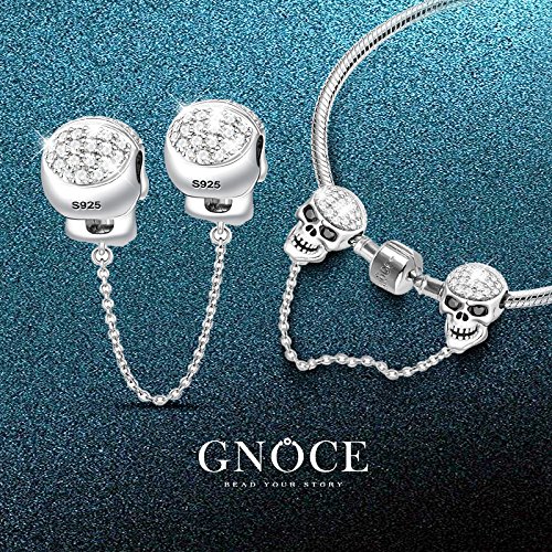 GNOCE Skull Safety Chain Charms 925 Sterling Silver Connection Chain Charms with Cubic Zirconia Balck Red Eyes Safety Chain Fit All Bracelet for Protect and Extend Your Bracelet (2Silver)4