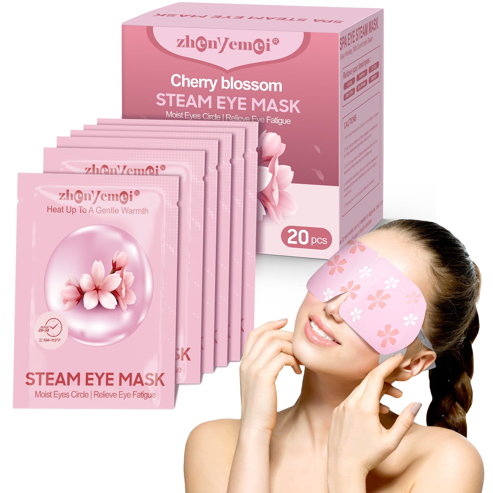 20 Packs Steam Eye Mask for Relaxation and Eye Strain,Self Heating Gentle Eye Steam Mask,Warm and Soothing Eye Pads,Disposable Heated Sleep Mask for Dry Eyes Fatigue Tired Eyes (Cherry Blossom)