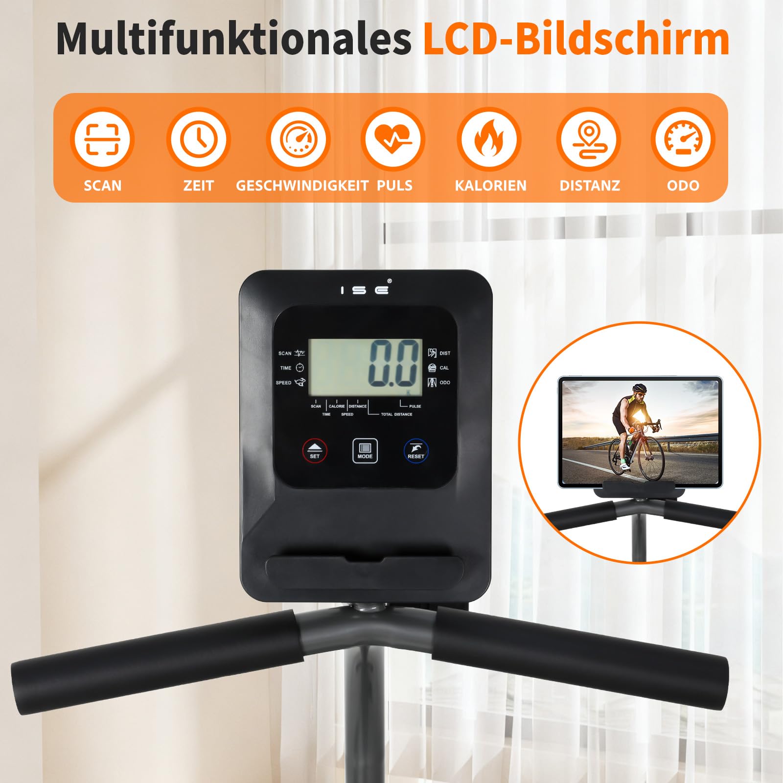 ISE Liegeergometer für Zuhause mit 8 verstellbaren Widerstandsstufen, Ergometer Heimtrainer mit Magnetbremse, Heimtrainer Fahrrad mit Pulssensoren und LCD-Display,Indoor Bike mit Rückenlehne SY-6802
