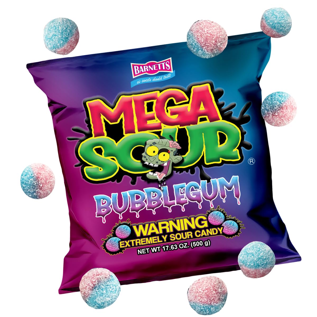 Barnetts - Mega Sour Candy Bubblegum 500g - Trendy Sweet Bags - Traditionally Handmade Sweets - Sour Coating Lasts 20 Seconds - Candies for Party Bag, Gift Hamper, or Hamper Box