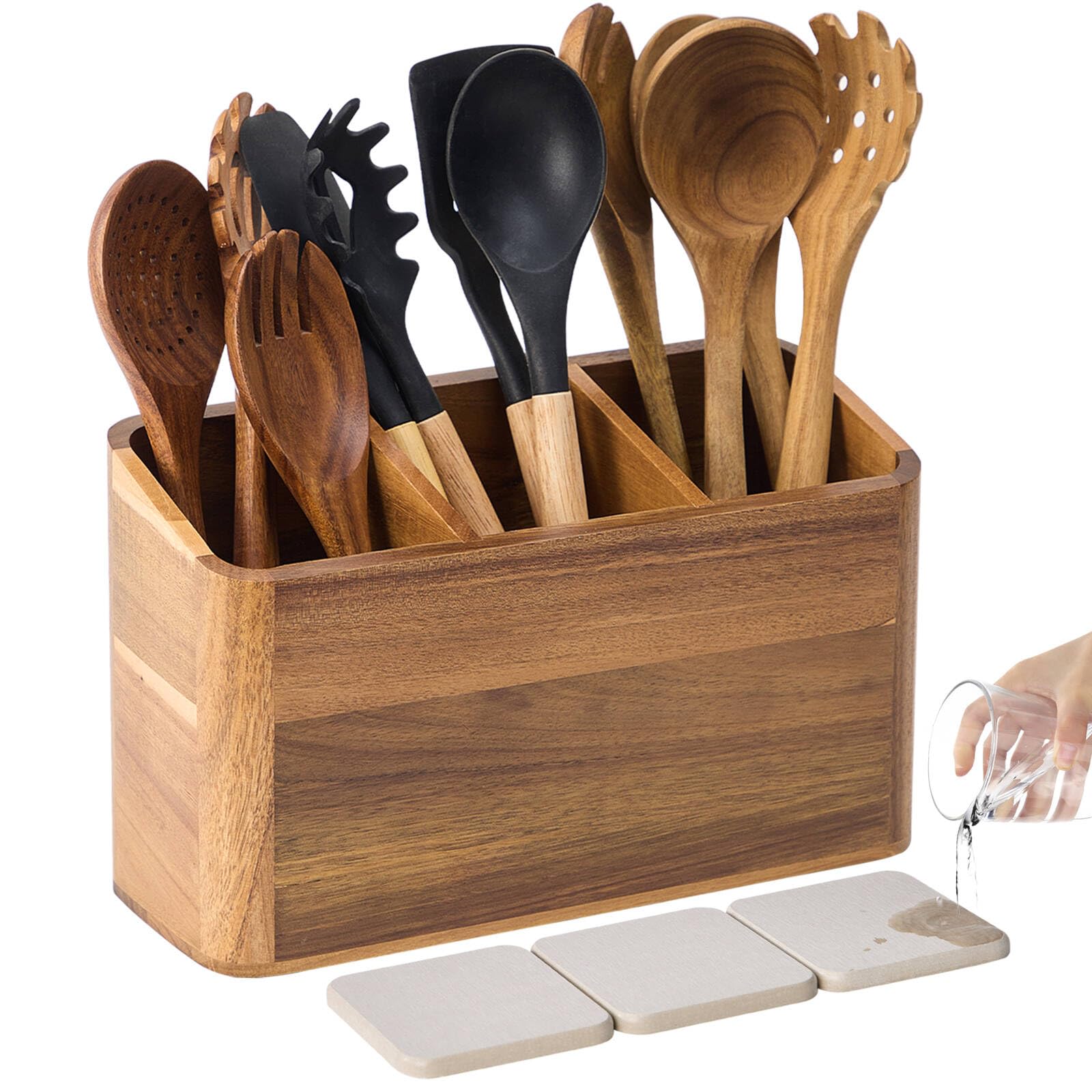Wooden Utensil Holder for Kitchen Counter, Acacia Wood Kitchen Utensil Holder for Countertop with 4 Compartment, Cooking Utensil Organizer, Silverware