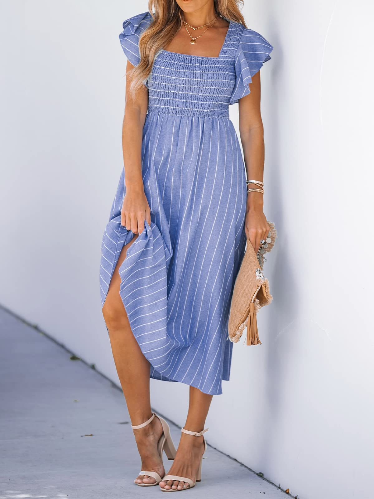 CUPSHE Abito estivo da donna con scollo quadrato a righe e punto smock, con maniche ad aletta, maxi abito formale