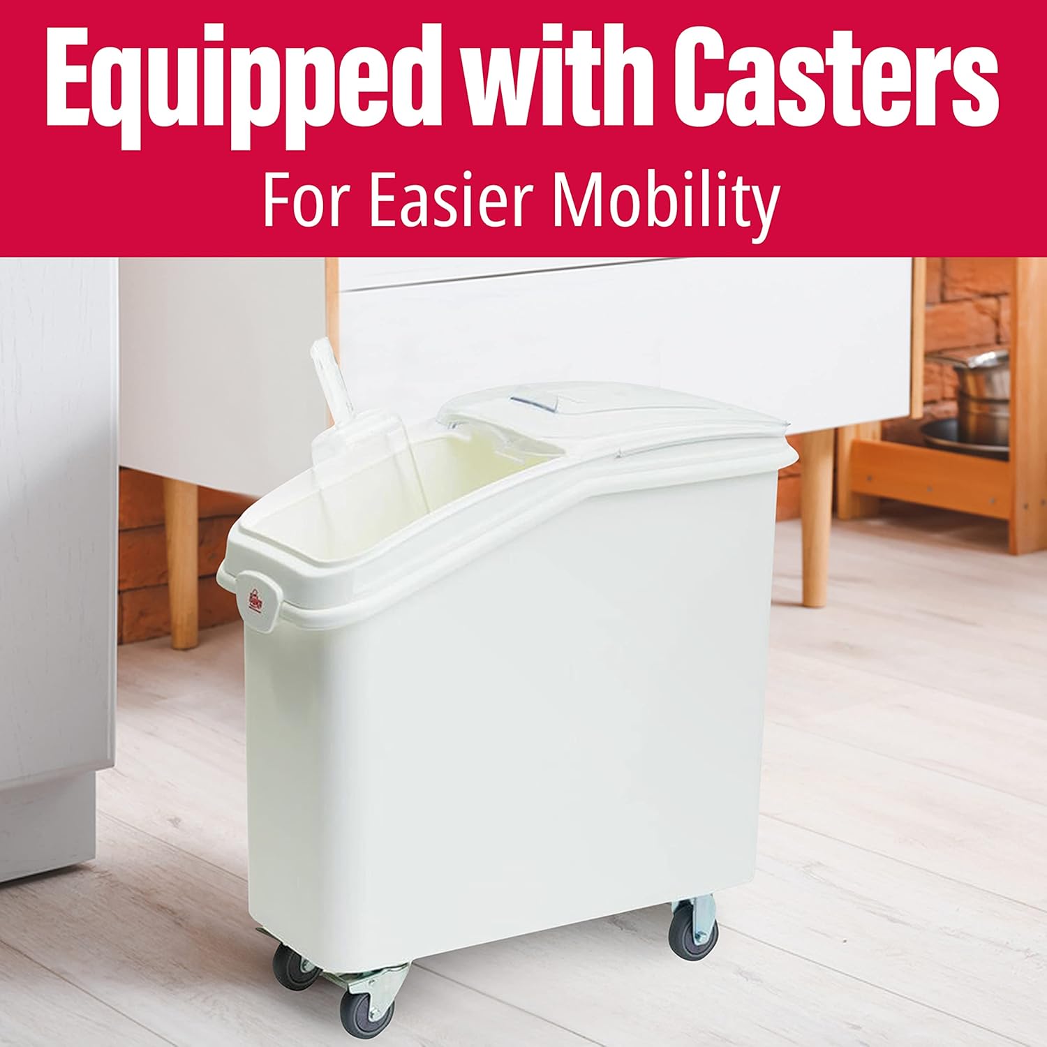 White Wheeled 21 Gallon Durable Mobile Ingredient Bin with Scoop