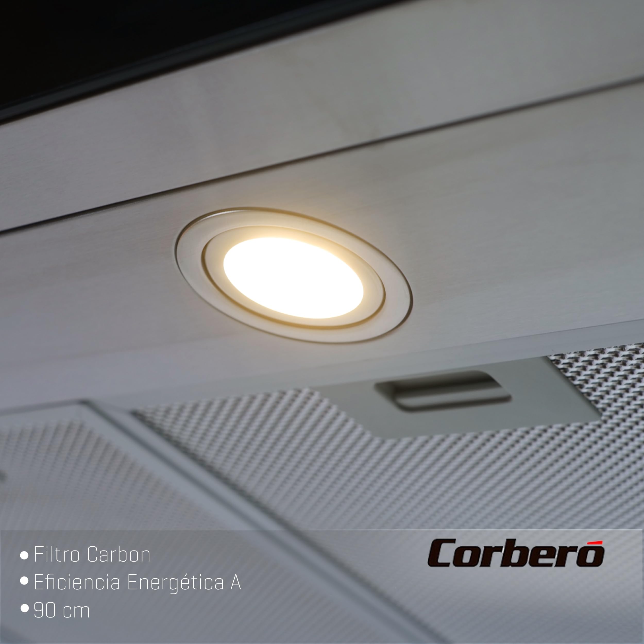 Corberó - Campana Decorativa Horizontal | NANGA975XB | 90 cm | Caudal 750 m3/h, 230W, 3 Velocidades, Filtro Aluminio 3 Capas, Filtro Carbón | Eficiencia Energética A | Negro