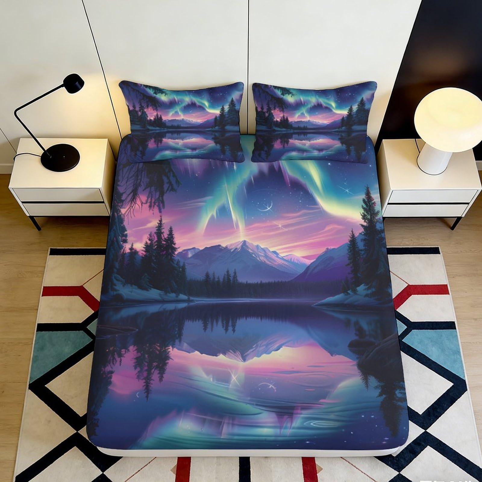 3D Printed Aurora Borealis Fitted Sheet Microfiber Soft Breathable Northern Lights Mattress Cover Bedroom Decor 90x200x25cm