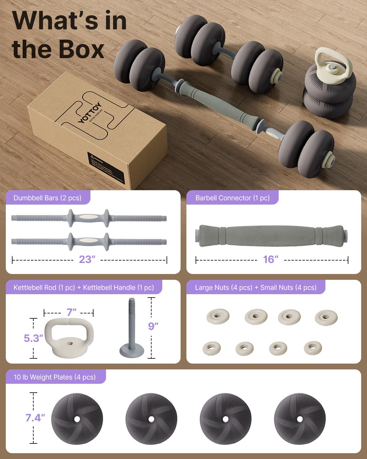 Weights Dumbbells Set, Free Weight Set with Connector, 4 in1 Dumbbells Set Used as Barbell, Kettlebells, Push up Stand, Weight Plate, Fitness Exercises for Home Gym