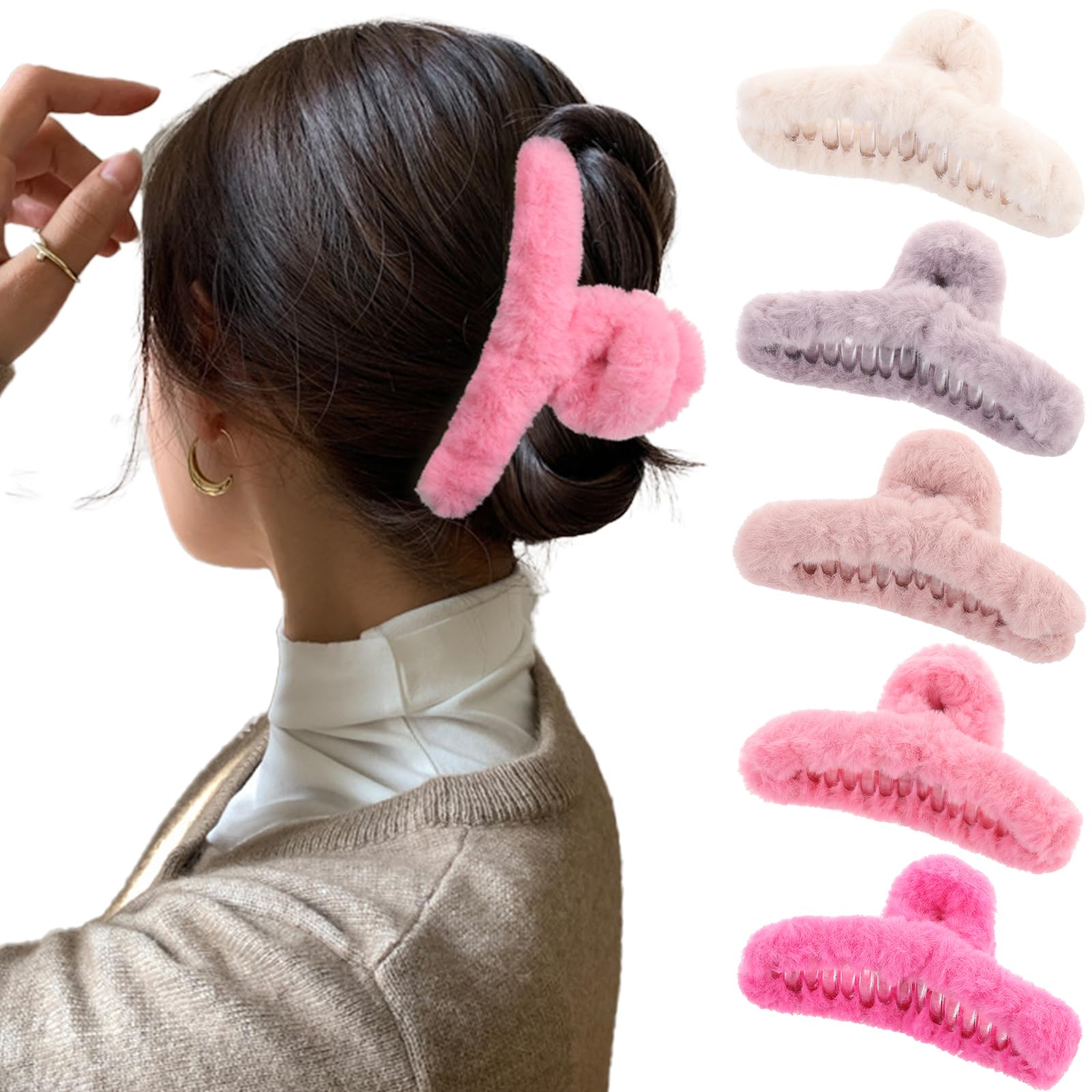Photo 1 of AWAYTR Fuzzy Claw Hair Clips - 5 Pack, 4.3"
