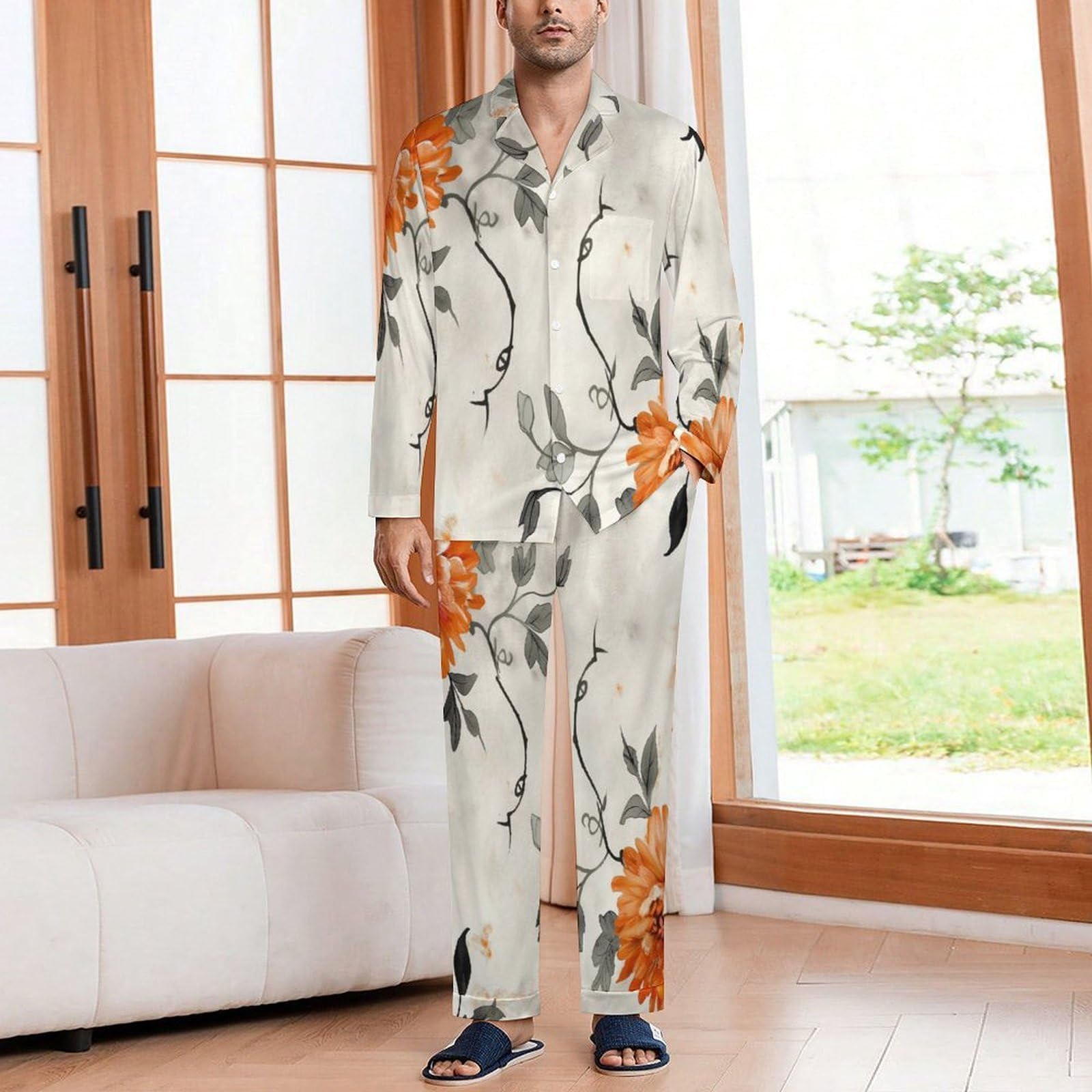 Pigiama Beige Uomo Abbottonata Cotone Pigiami Due Pezzi, Crisantemi acquerellati Maniche Lunghe Top e Pantaloni con Tasches Morbido e Confortevole Casual per la Casa