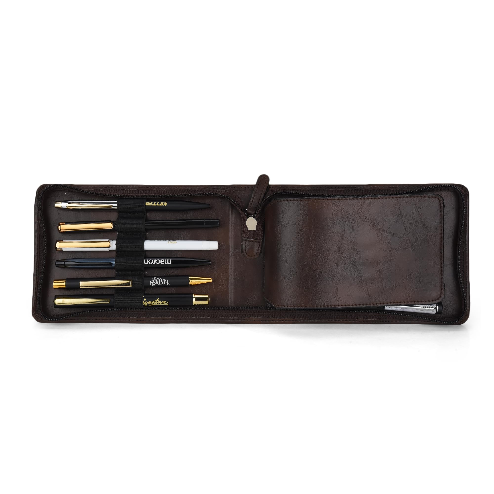 essart Faux Leather 12-Slot Zipper Pen Case – Stylish & Durable Storage for Pens, Pencils, and Small Accessories in Brown Color