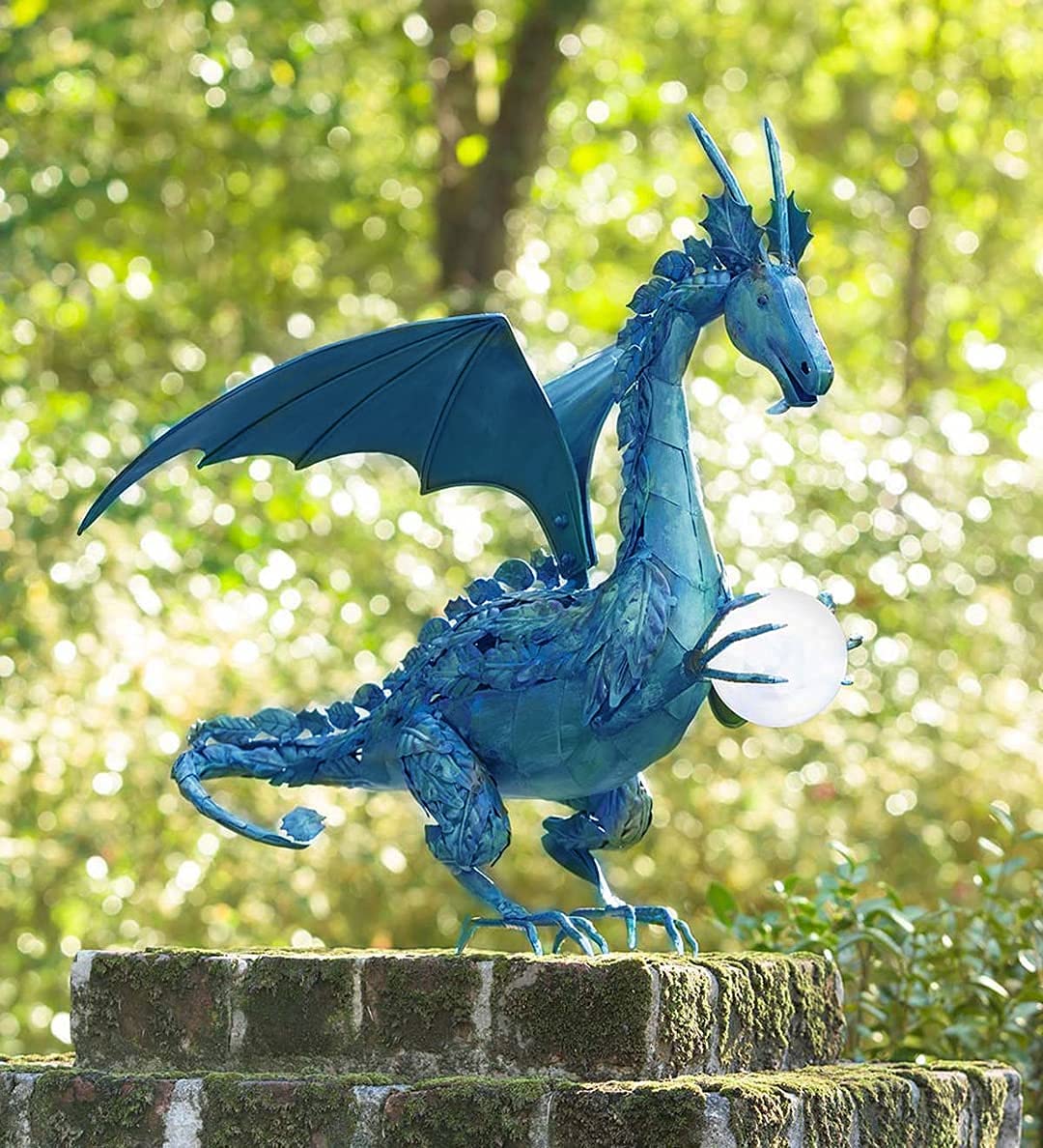 Abbcoert Garden Statue, Flying Dragon Holding Ball Resin Statue Decoration, Garden Decoration Dragon Statue Sculpture with Solar Imitation Pearl Ball, Home Terrace Creative Garden Statue (Blue)