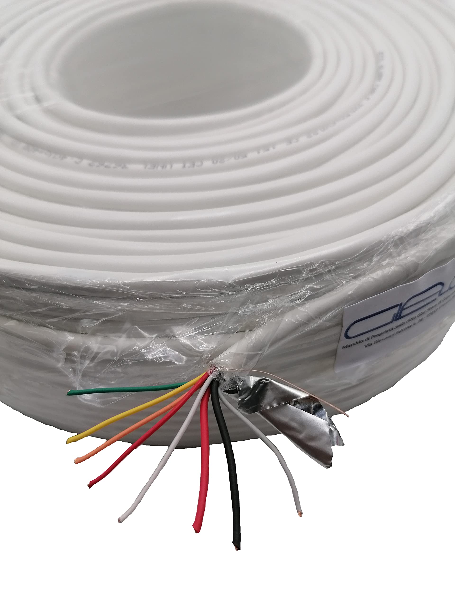 Cavo Cavi Allarme 8 Fili Bobina 6X0,22+2X0,50 mm 6+2 Matassa da 100 metri CCA Schermato Professionale Certificato Anti Propagazione in caso di Incendio