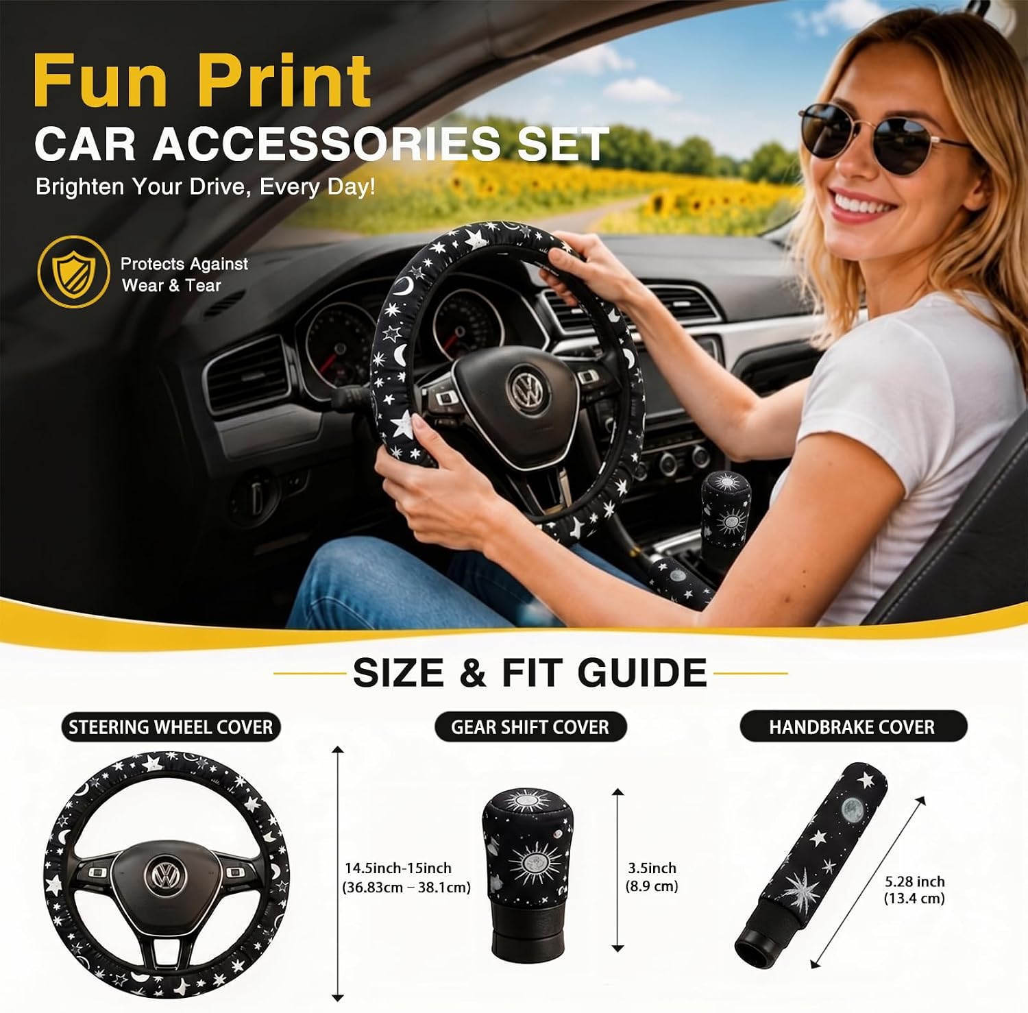 3-Piece Steering Wheel Cover Set for Cars,car Interior Accessories (Sun&Moon) image 4