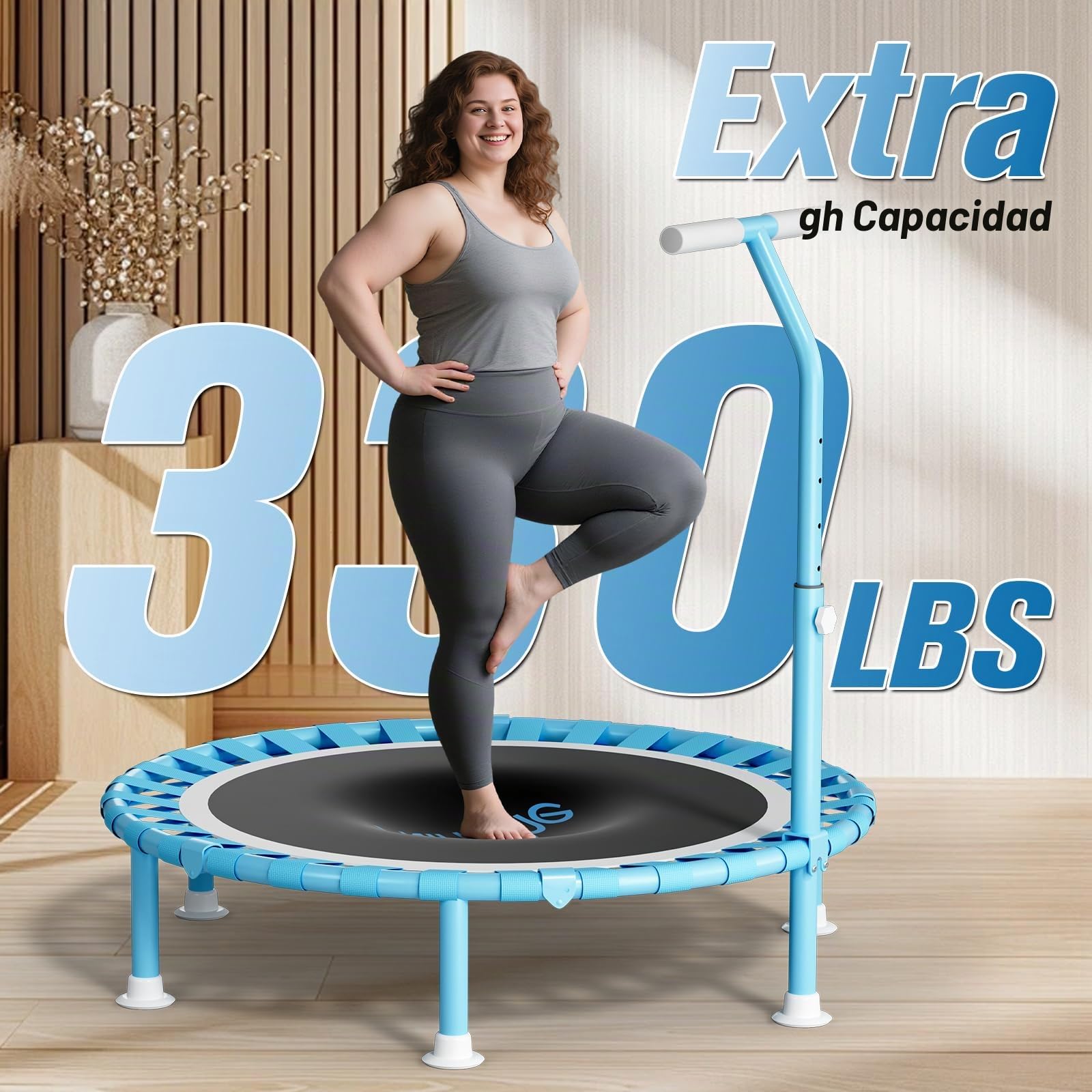 FitinOne Mini cama elástica plegable de 200 kg de diámetro de 102 cm con bandas elásticas, mango de espuma ajustable en 5 direcciones, trampolín de interior para niños y adultos