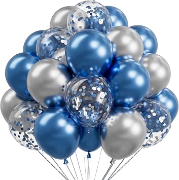 Metallic Blue and Sliver Balloons 12Inch 73PCS Sliver Blue Confetti Latex Balloons Shiny Helium Balloon Set for Birthday Anniversary Graduation Party Decorations