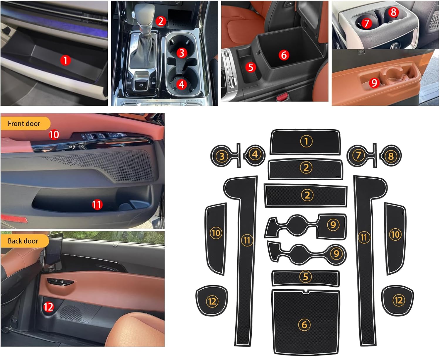 LFOTPP Car Non-Slip Interior Door Gate Slot Mats for 2022 2023 2024 2025 Kia Carnival KA4 Cup Holder Pads Groove Mat Cushions Rubber Mat