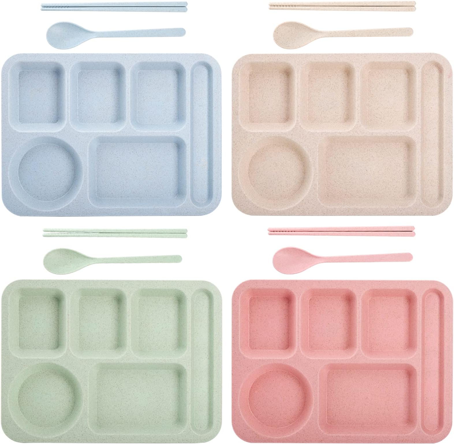 TOPZEA 4 Pack Unbreakable Divided Plates, 6 Compartments Wheat Straw Section Plates Plastic Dinner Plate Sets for Adults, School Lunch Trays, Microwave & Dishwasher Safe,14"x10.5"