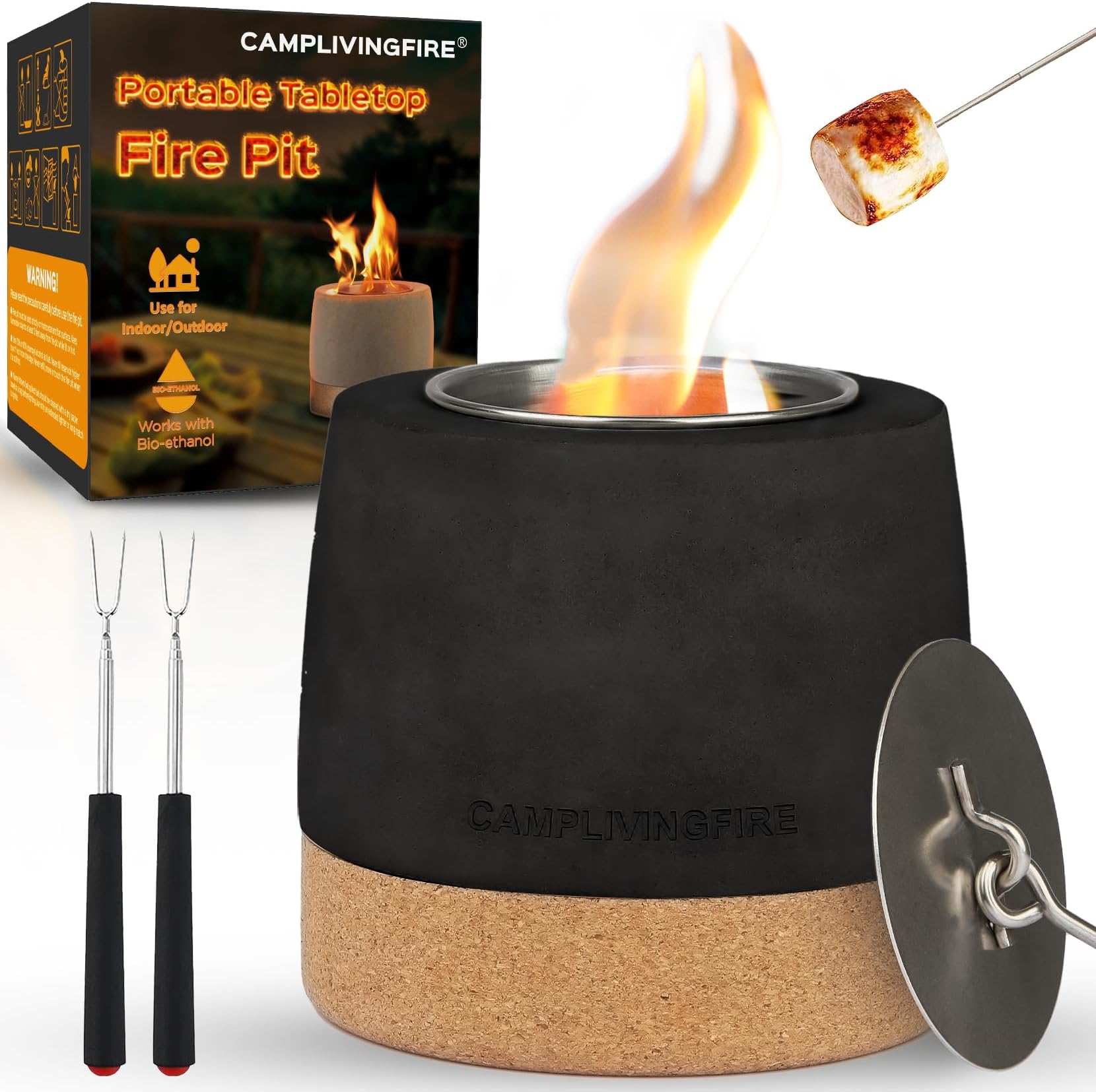 Tabletop Fire Pit Durable Terrazzo Fire Bowl with 4 Extendable Roasting Sticks