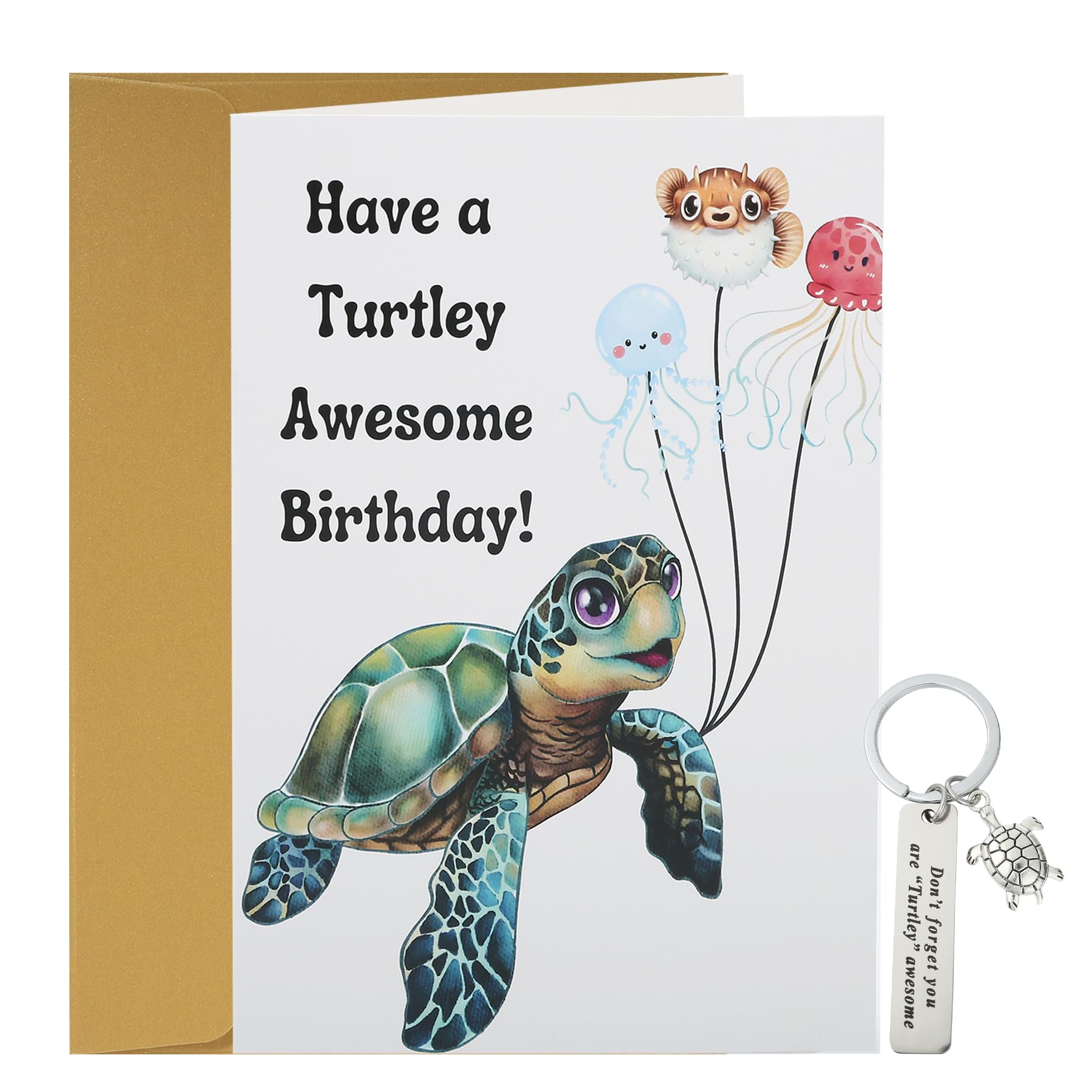 Wasise Turtle Birthday Card - Turtle-y Awesome Birthday Card and Keychain Set, Turtle Gifts for Women, Turtle-y Awesome Birthday Cards,Funny Animal Pun Celebration Greeting Cards for Women Men Girls