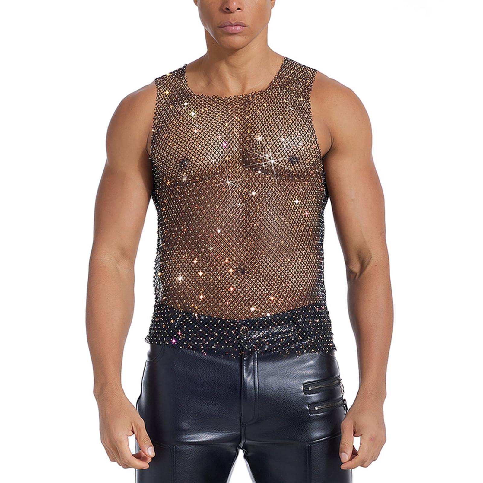 FYMNSI Chemise en maille transparente pour homme - Débardeur musculaire - Été sans manches - Sous-vêtement Gogo Clubwear, Rose