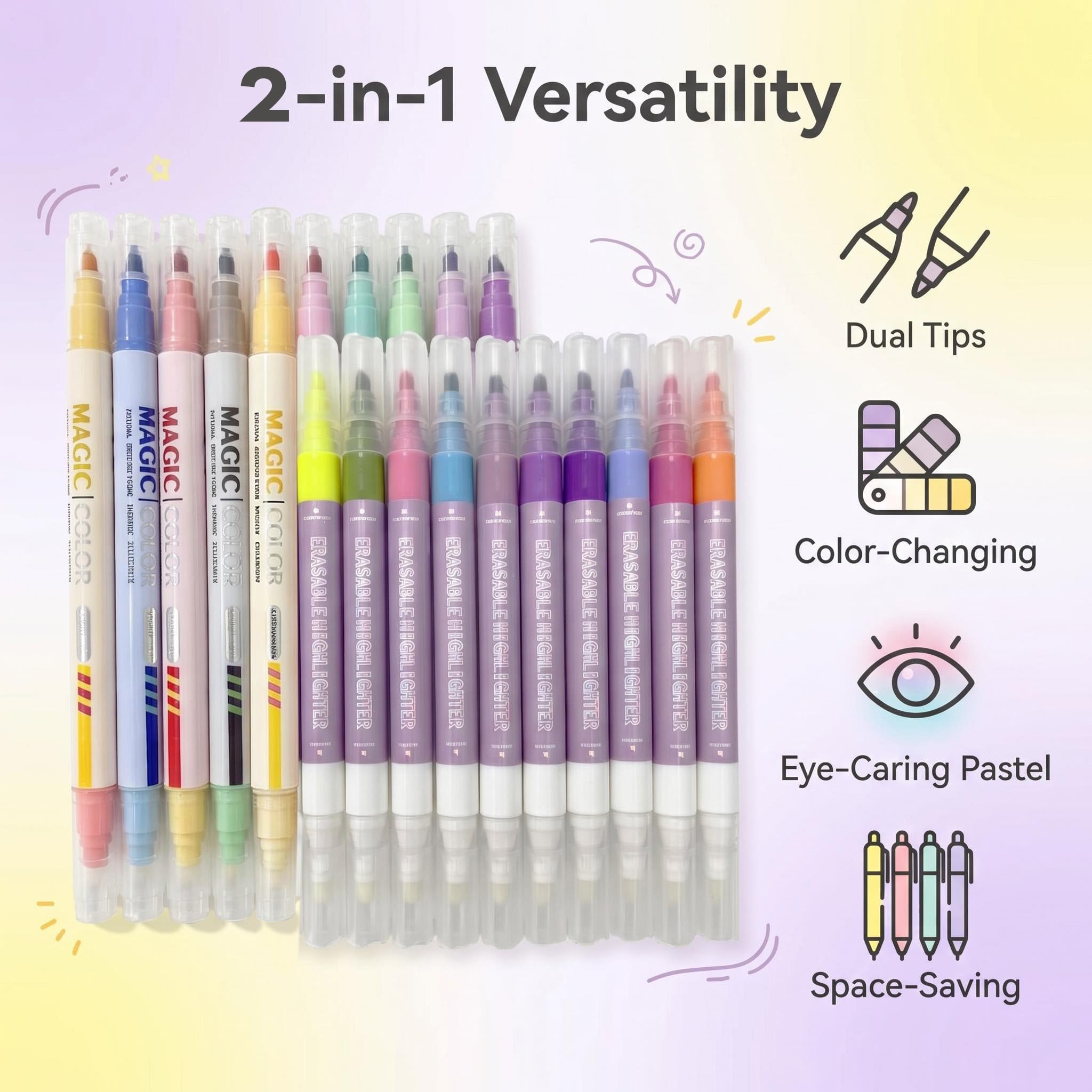 Löschbare & Dual Tip Textmarker Set, 2 in 1 Kombination Pastell Textmarker, No Bleed Marker für Bibelstudium, Schule Bürobedarf
