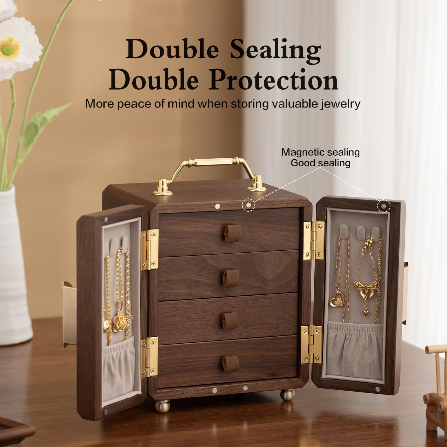 Black Walnut Wood Jewelry Organizer Box, 4-Layer Dustproof Storage ,Jewelry Case for Rings, Earrings & Necklaces – Ideal Gift for Anniversaries, Weddings, Birthdays, Mother’s Day & Valentine’s Day