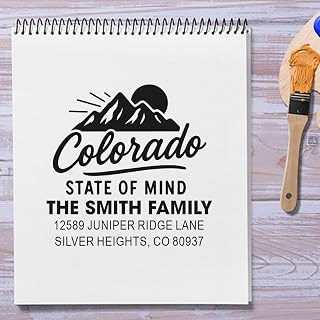 Mountain Sunrise Personalized Address Rubber Stamp, 1-5/8 Square Wood Handle, Script Design, for Small Business, Wedding Planners, Unique Mountain Scene