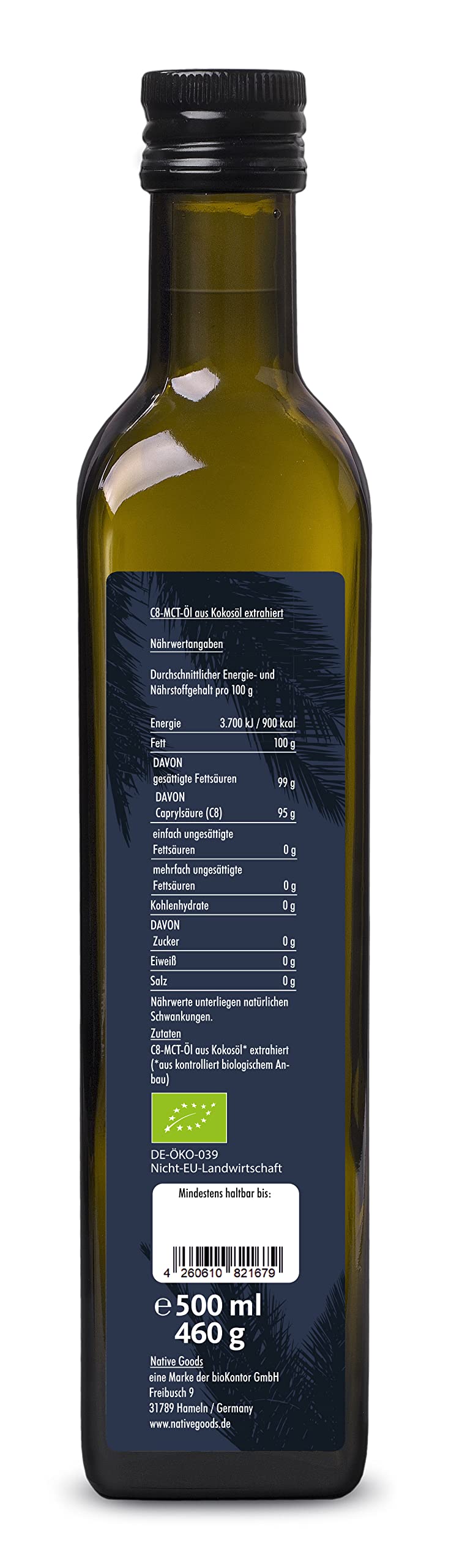 native goods – Bio C8 MCT Öl 500ml – 95% Caprylsäure C8 – Kokos MCT Öl –Bio Kokos Öl – Kokosöl – geschmacksneutral – ideal für low carb & ketogene Ernährung