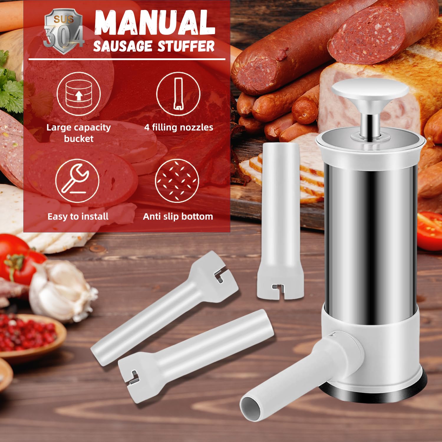 Máquina para rellenar salchichas con 4 tubos de relleno, manual de llenado de salchichas casero para el hogar, camping, parrilla al aire libre, barbacoa (2.2 libras)
