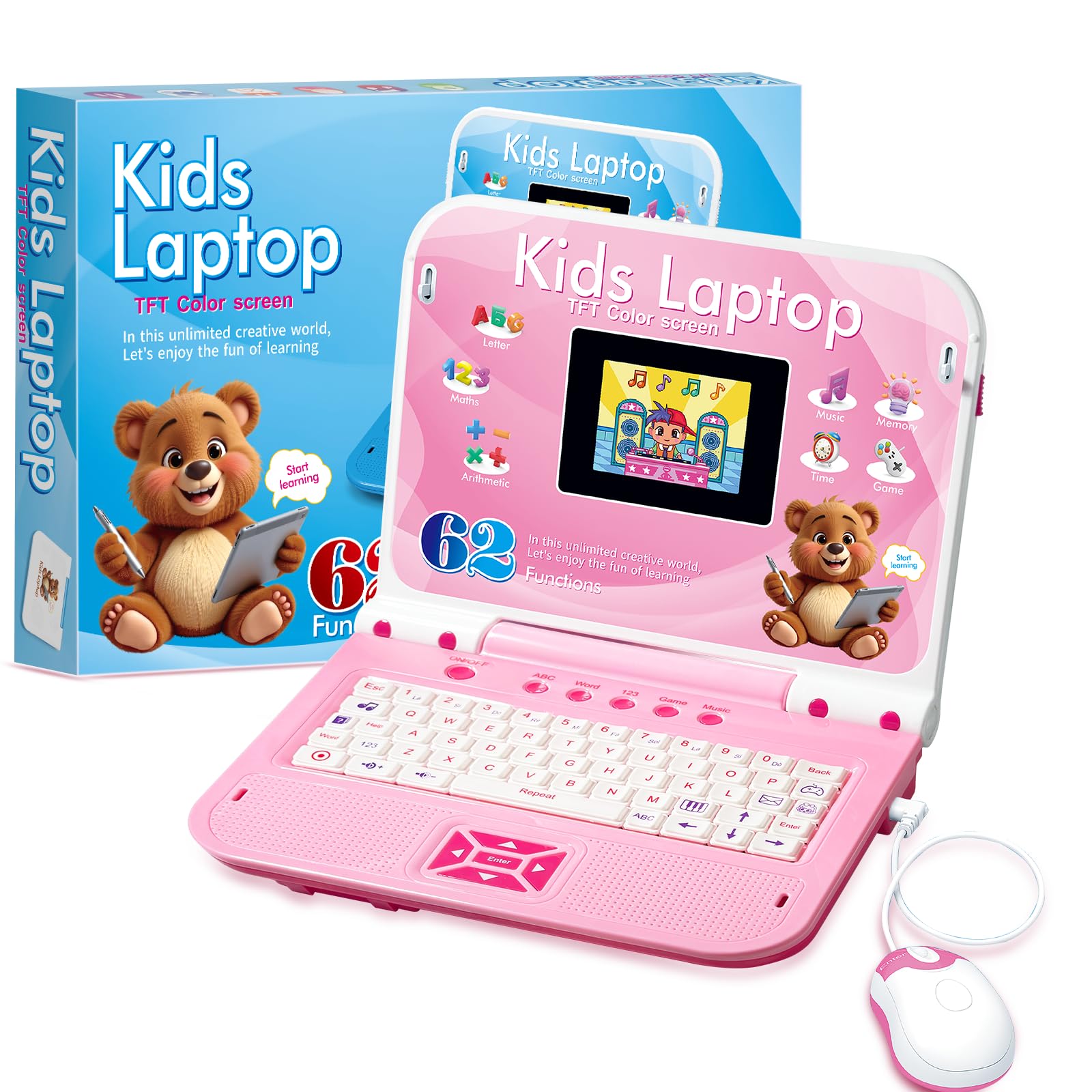 Ordinateur Enfant Portable Anglais : Écran Couleur, 62 Activités (Mots, Mathématiques, Jeux), Souris - Jouet Fille 5 Ans