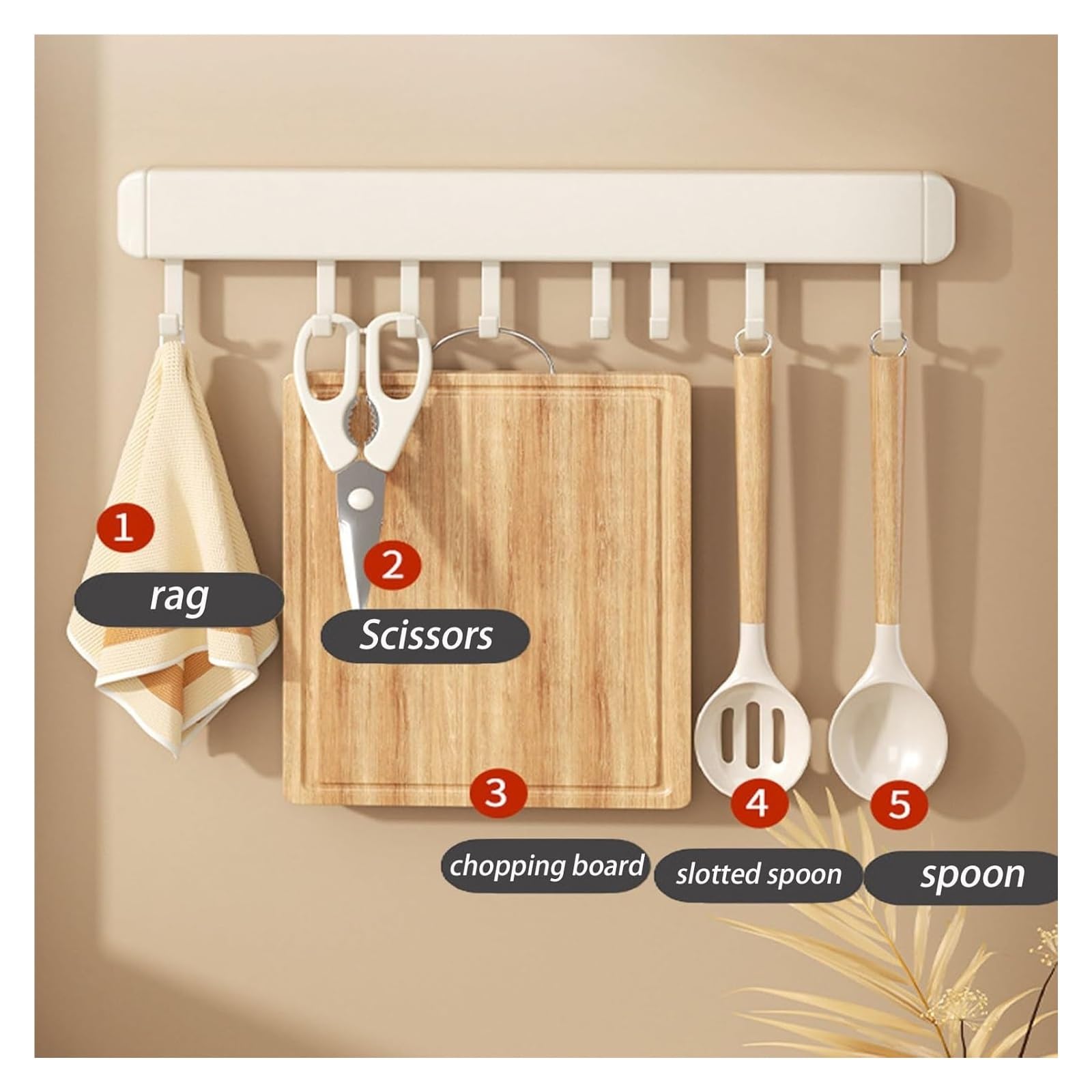 Küchenutensilienhalter, Utensilien-Organizer, Wandhalterung for Küchenutensilien, abnehmbare Haken for Utensilienhalter, Utensilienaufhänger ohne Bohren, platzsparende Wandhaken for die Küche(60cm)