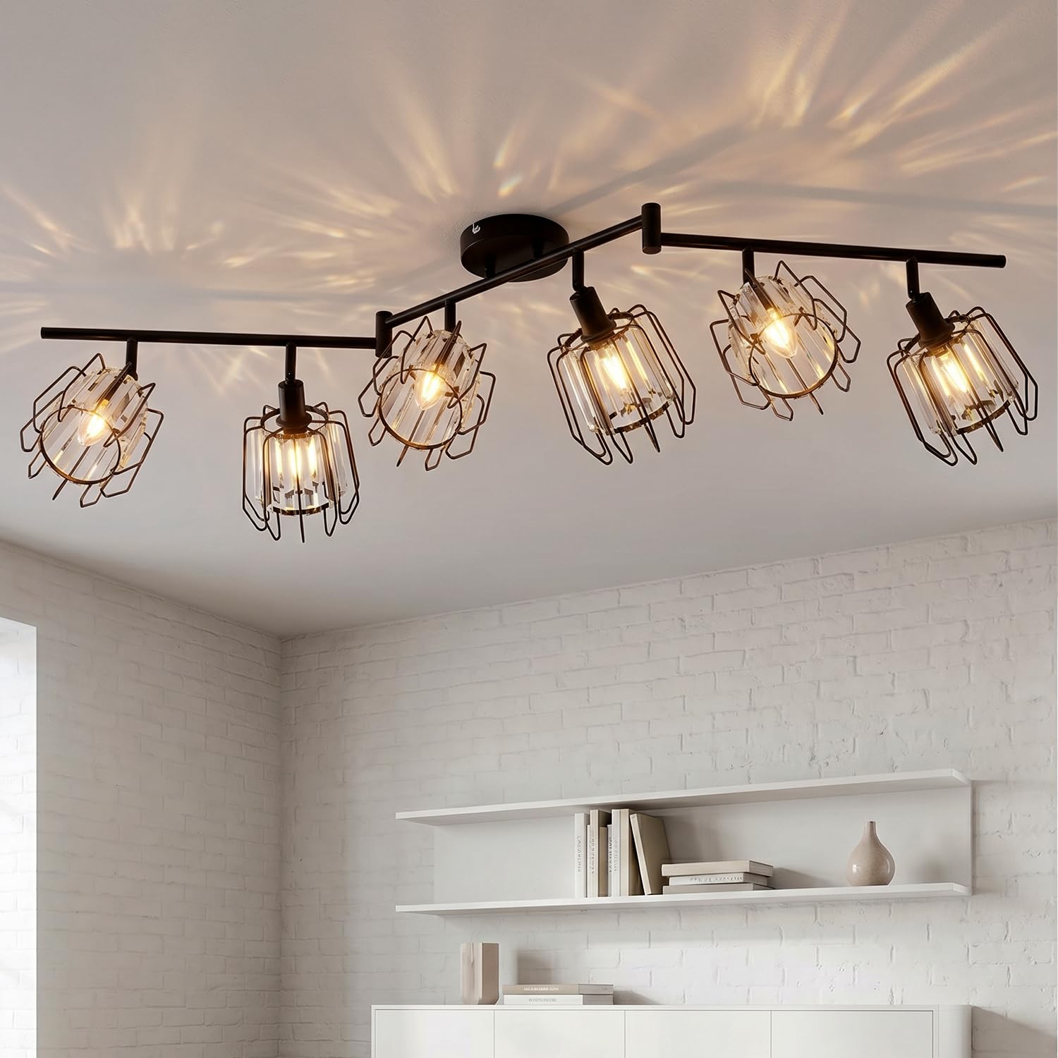 LVWIT Kitchen Lights Ceiling,6 Way Black Spot Lights Ceiling,Adjustable Ceiling Lights Living Room Wire Cage with E14 Base, Light Fittings Ceilings for Kitchen Living Room(NO Bulbs,Glass Lamp Shade)
