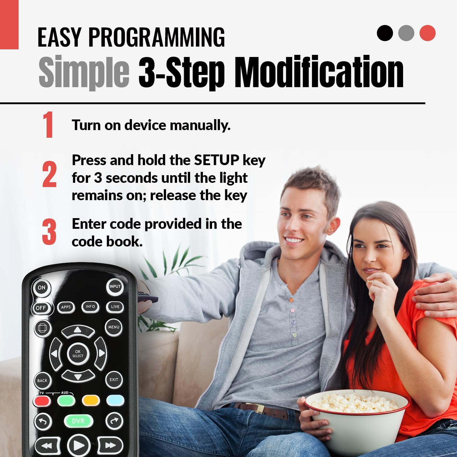 Image illustrating the 3-step programming process for the Anderic RRCM7500 remote control, showing a couple watching TV.