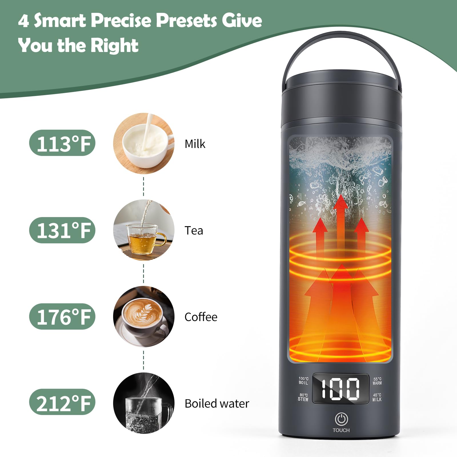 Bouilloire électrique portable de voyage, 450 ml, avec 4 régulateurs de température, arrêt automatique et protection à sec, en acier inoxydable 316, 4 régulateurs de température (Gris)