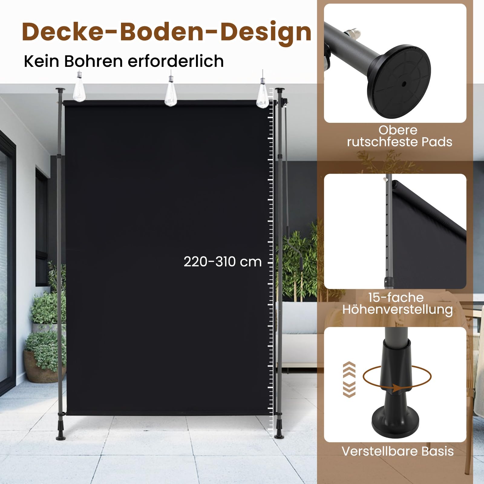 RELAX4LIFE Klemmmarkise Senkrechtmarkise 200 x (220-310) cm, Höhenverstellbar, Vertikalmarkise mit Handkurbel ohne Bohren, für Terrasse Balkon Garten, Sichtschutz, Ausziehbar & Blickdicht